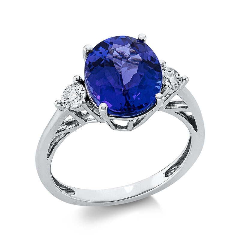 Ring 4er-Krappe 14 kt WG. 2 Brillanten 0.28 ct. TW-si. 1 Tansanit 4.65 ct blau. Weite:54