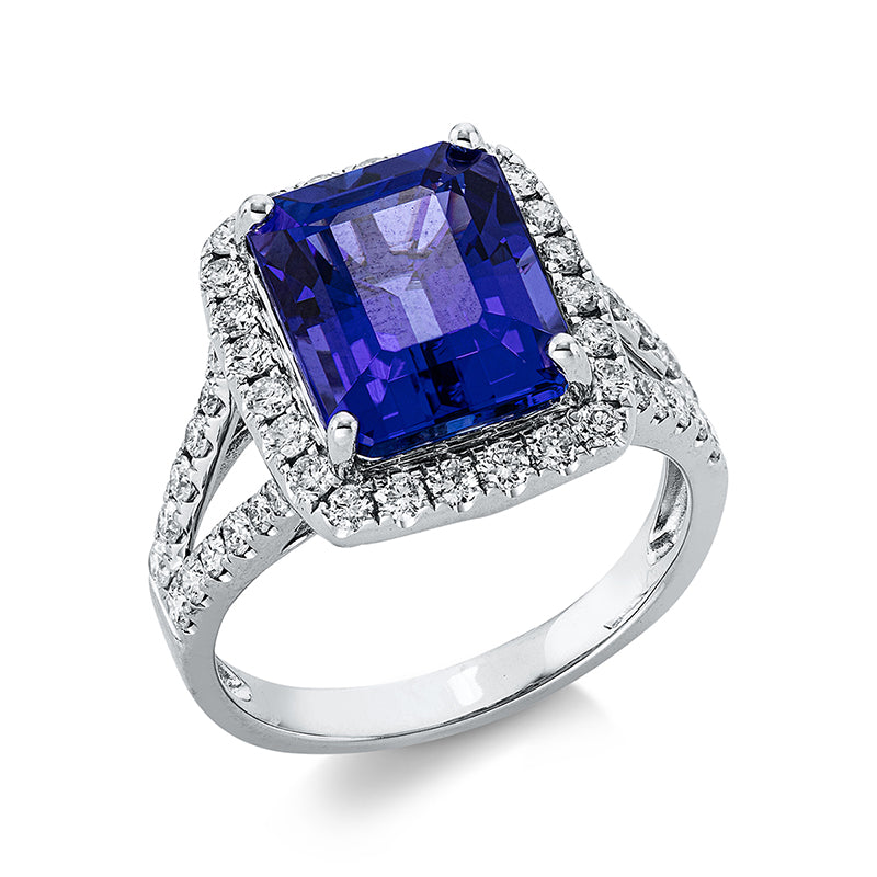 Ring 4er-Krappe 14 kt WG. 48 Brillanten 0.81 ct. TW-si. 1 Tansanit 5.47 ct blau. Weite:54
