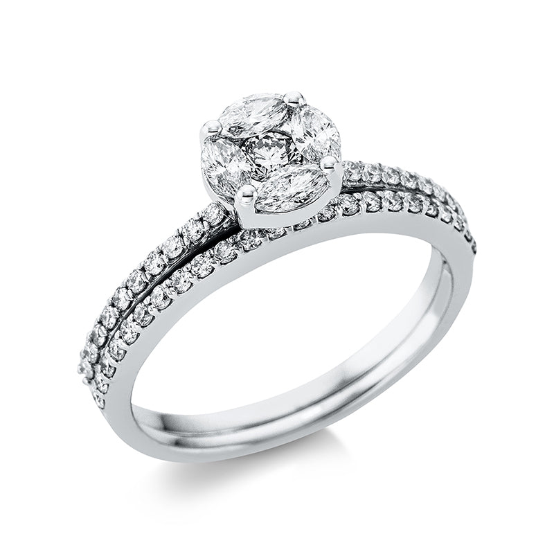 Ring 18 kt WG, 4 Nav. 0,29 ct, TW-vsi, 44 Brill. 0,40 ct, TW-vsi