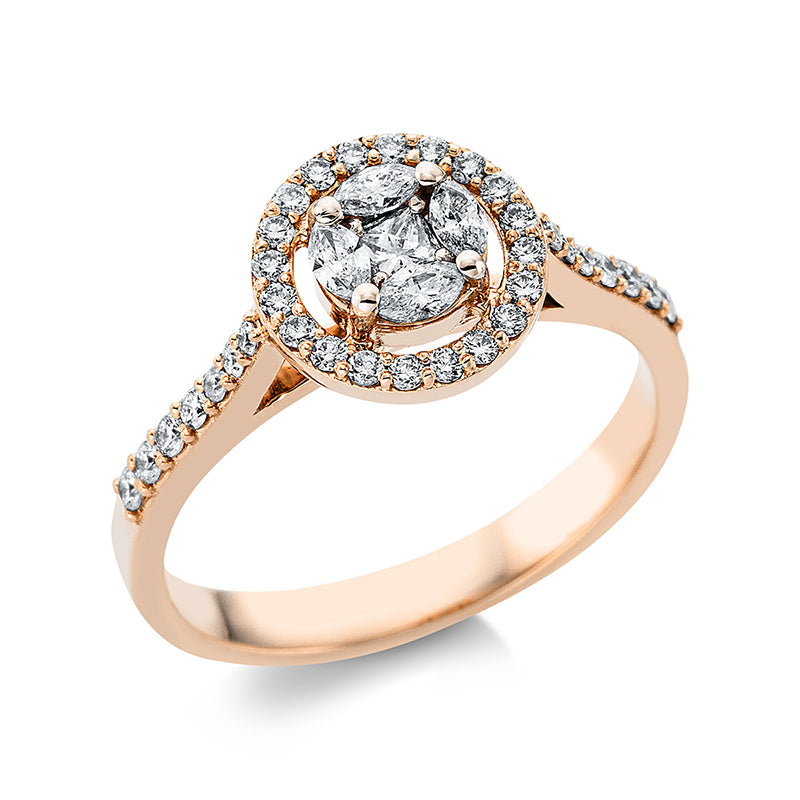 Ring 18 kt RG, 1 Princ. 0,08 ct, TW-vsi/si, 4 Nav. 0,17 ct, TW-vsi/si, 34 Brill. 0,26 ct, TW-vsi/si
