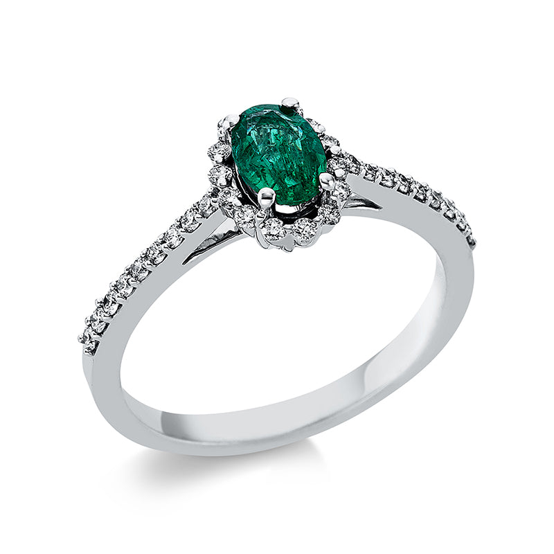 Ring 18 kt WG, 32 Brill. 0,22 ct, TW-vsi, 1 Smaragd 0,44 ct grün