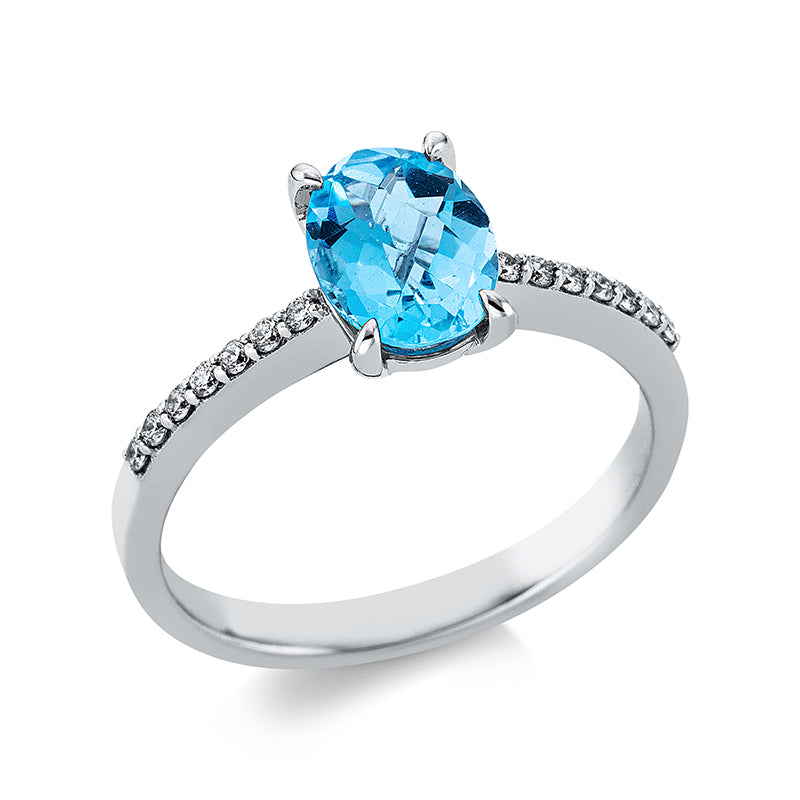 Ring 4er-Krappe 14 kt WG. 14 Brillanten 0.11 ct. TW-vsi. 1 Topas 1.26 ct blau. Weite:52.5