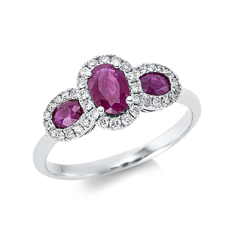 Ring 18 kt WG. 38 Brillanten 0.24 ct. TW-si. 3 Rubine 0.97 ct rot. Weite:54
