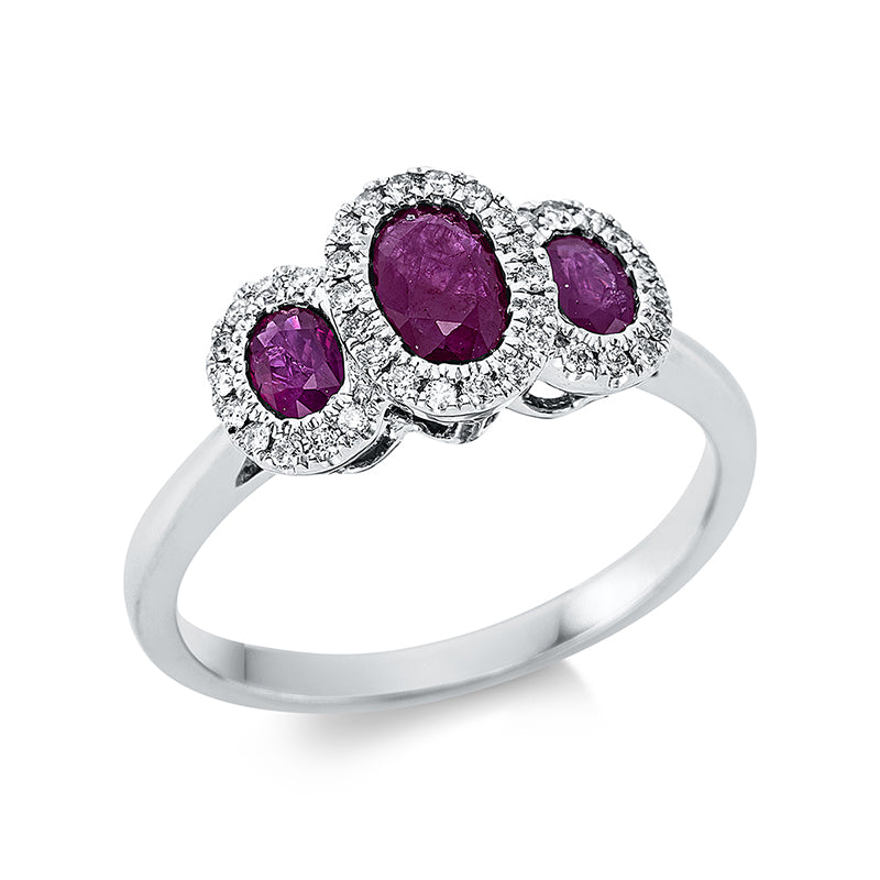 Ring 18 kt WG. 38 Brillanten 0.17 ct. TW-si. 3 Rubine 0.98 ct rot. Weite:54