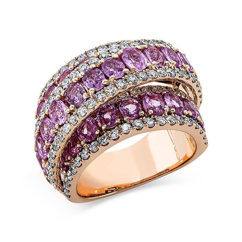 Ring 18 kt RG. 123 Brillanten 1.77 ct. TW-vsi/si. 32 Saphire 6.50 ct pink. Weite:54