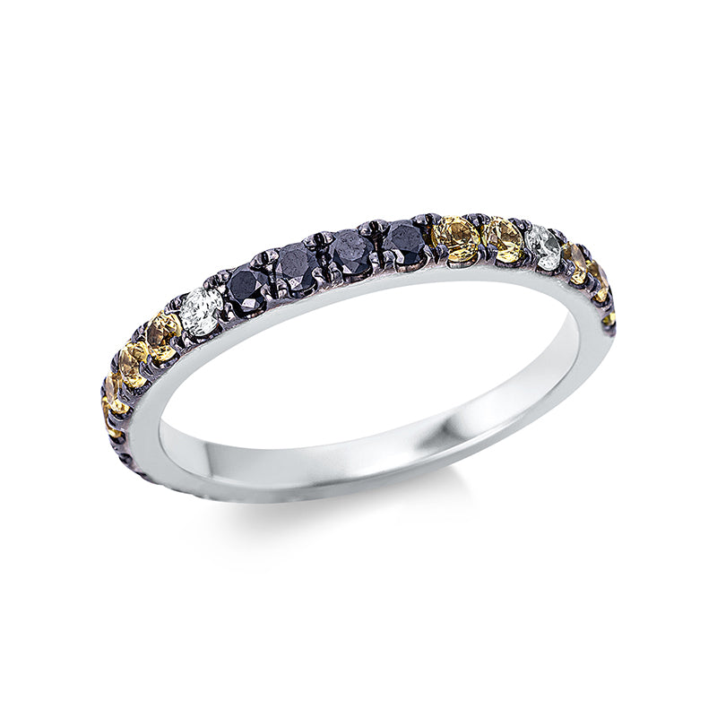 Ring 18 kt WG. teils schwarz rhodiniert. 3 Brillanten 0.11 ct. TW-si. 6 Brillanten 0.21 ct. schwarz. 12 Saphire 0.54 ct gelb. Weite:54