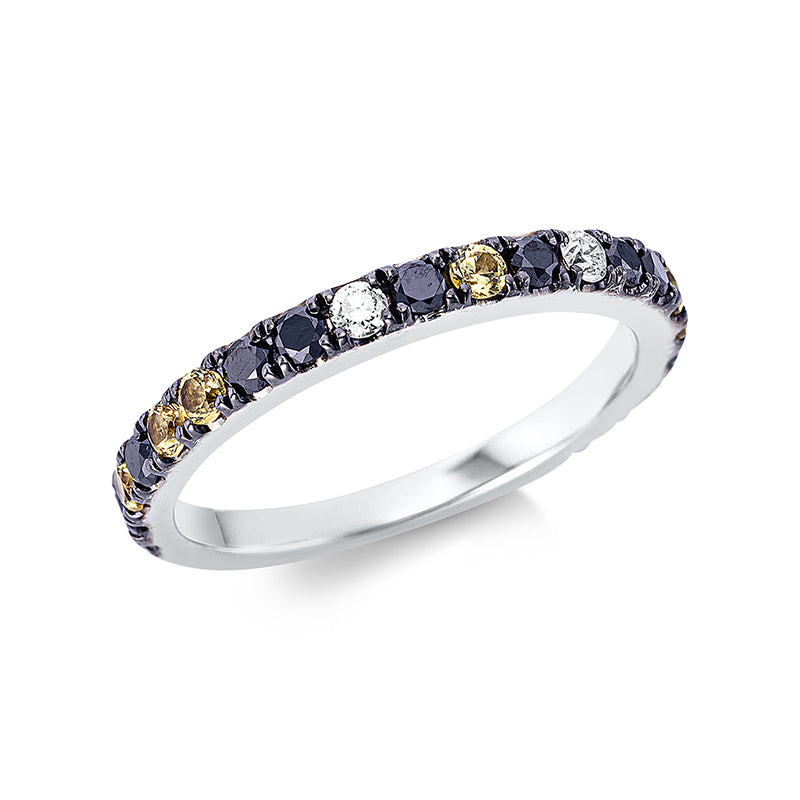 Ring 18 kt WG. teils schwarz rhodiniert. 2 Brillanten 0.07 ct. TW-si. 12 Brillanten 0.42 ct. schwarz. 7 Saphire 0.32 ct gelb. Weite:54