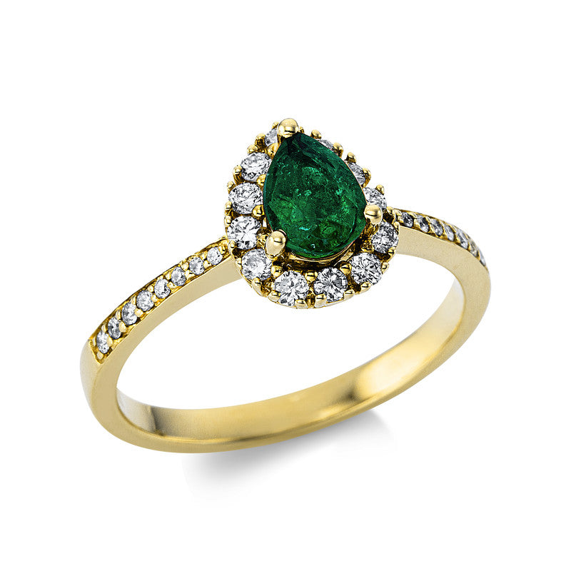 Ring 3er-Krappe 14 kt GG. 28 Brillanten 0.29 ct. TW-si. 1 Smaragd 0.59 ct grün. Weite:55