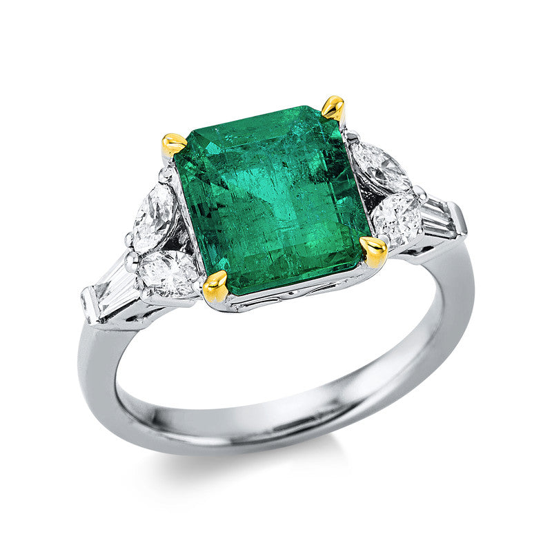 Ring 4er-Krappe 18 kt WG+GG. 4 Navette 0.38 ct. TW-si. 4 Baguette 0.14 ct. TW-si. 1 Smaragd 3.27 ct grün. Weite:55