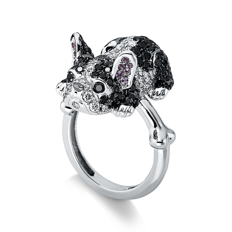 Ring 18 kt WG, 61 Brill. 0,86 ct, TW-vsi, 141 Brill. 1,68 ct, schwarz, 3 Rubine 0,02 ct rot, 12 Saphire 0,13 ct pink