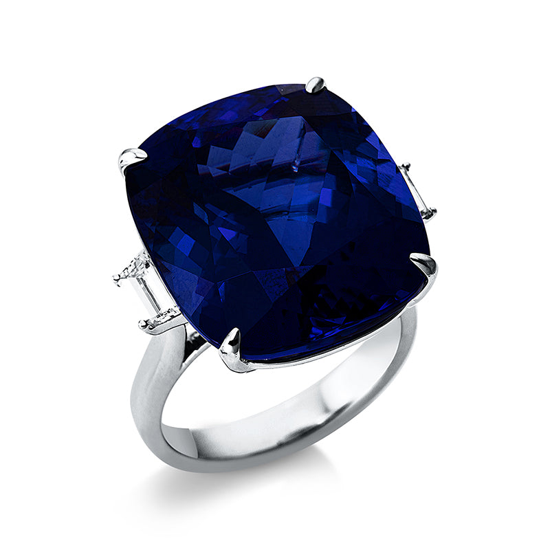Ring 4er-Krappe 18 kt WG. 2 Fant-Schl. 0.49 ct. TW-si. 1 Tansanit 31.20 ct blau. Weite:54