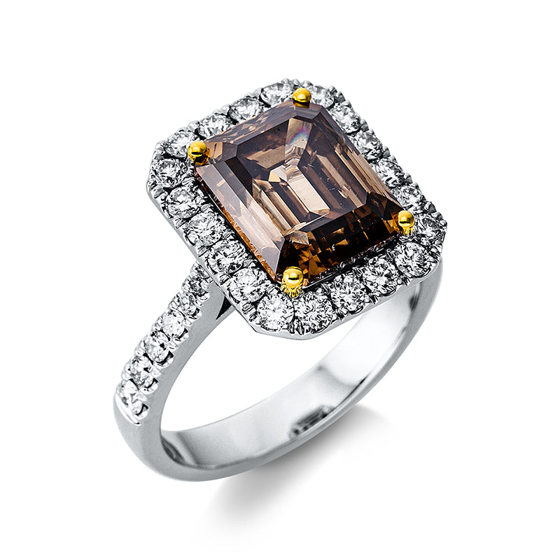 Ring 4er-Krappe 18 kt WG+GG. GIA7376848382. 1 Assher 6.51 ct. braun-si. 34 Brillanten 0.85 ct. TW-si1. Weite:54