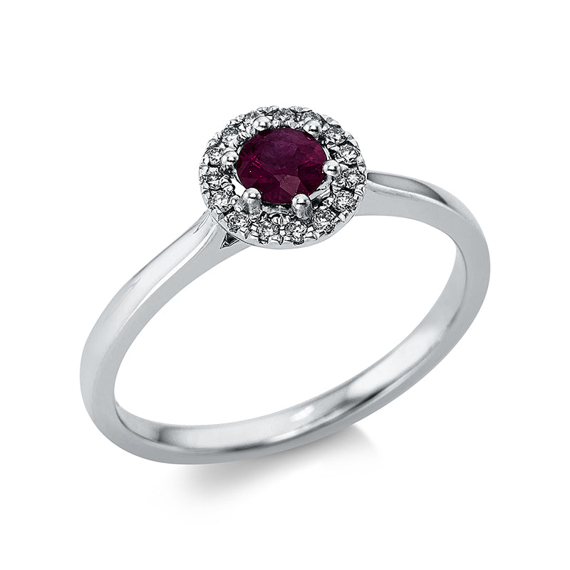 Ring 18 kt WG, 15 Brill. 0,08 ct, TTLB-si, 1 Rubin 0,25 ct rot