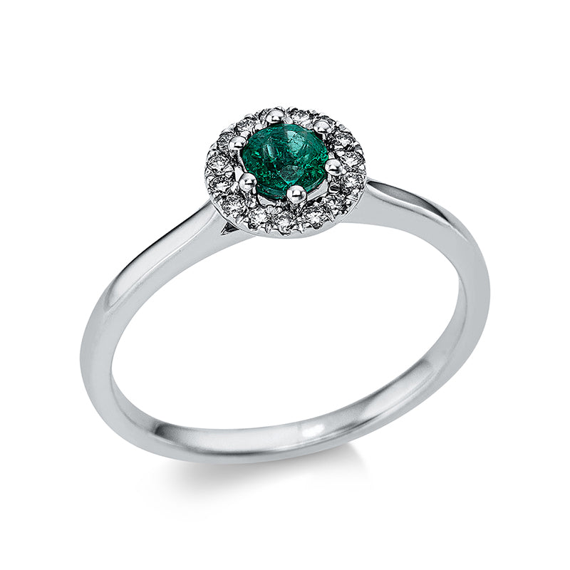 Ring 18 kt WG, 15 Brill. 0,09 ct, TTLB-si, 1 Smaragd 0,26 ct grün