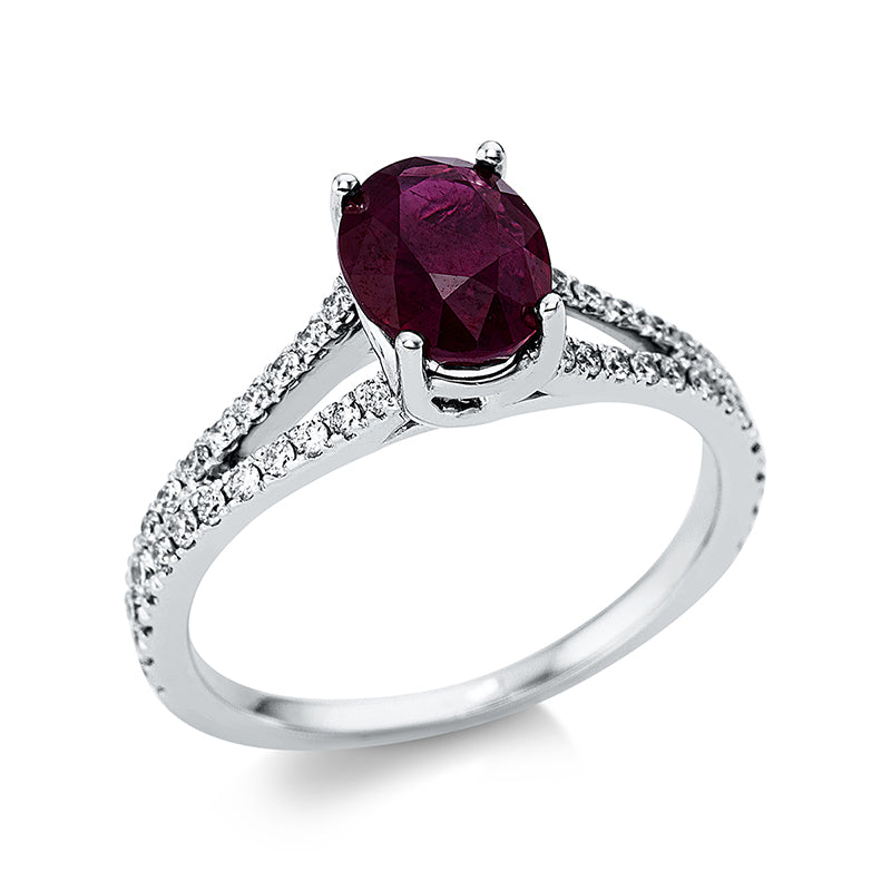 Ring 18 kt WG, 40 Brill. 0,35 ct, TW-vsi, 1 Rubin 2,05 ct rot