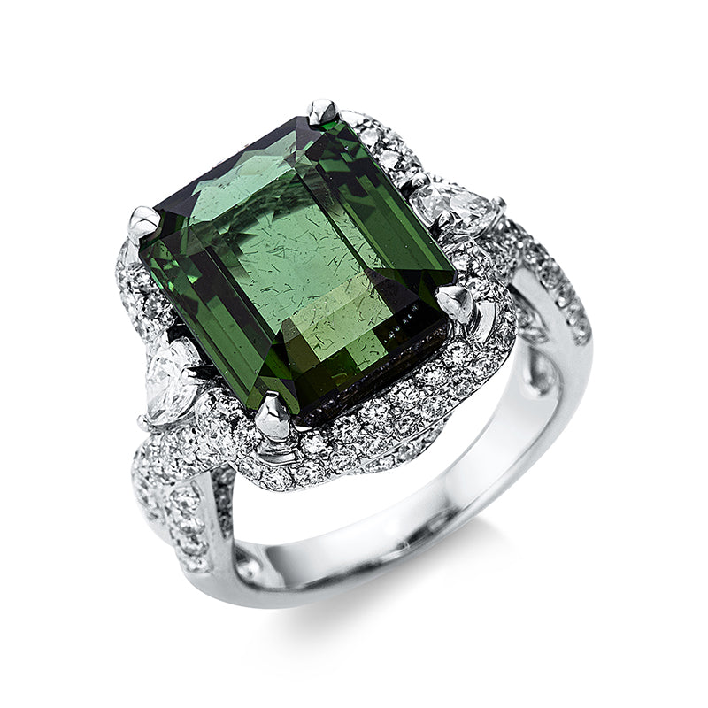Ring 18 kt WG, 144 Brill. 1,35 ct, TW-vsi, 2 Tropfen 0,35 ct, TW-vsi, 1 Turmalin 9,76 ct grün