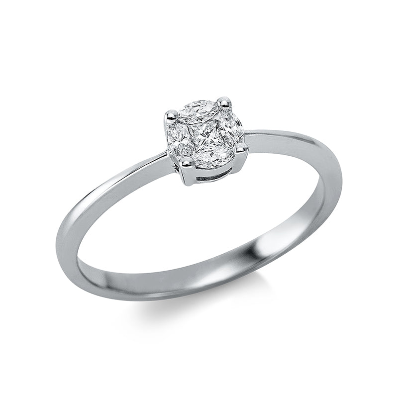 Ring 18 kt WG. 1 Princ. 0.05 ct. TW-si. 4 Navette 0.11 ct. TW-si. H:4.9 mm. B:5.0 mm. Weite:54