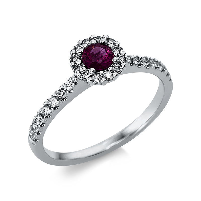 Ring 18 kt WG, 28 Brill. 0,29 ct, TTLB-si, 1 Rubin 0,24 ct rot