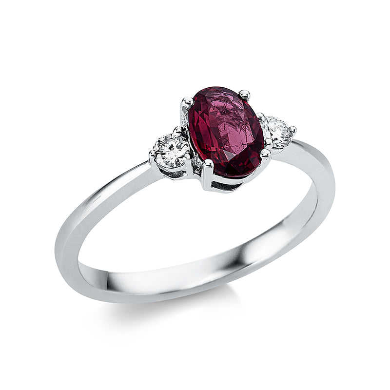 Ring 18 kt WG, 2 Brill. 0,10 ct, TW-vsi, 1 Rubin 0,53 ct rot