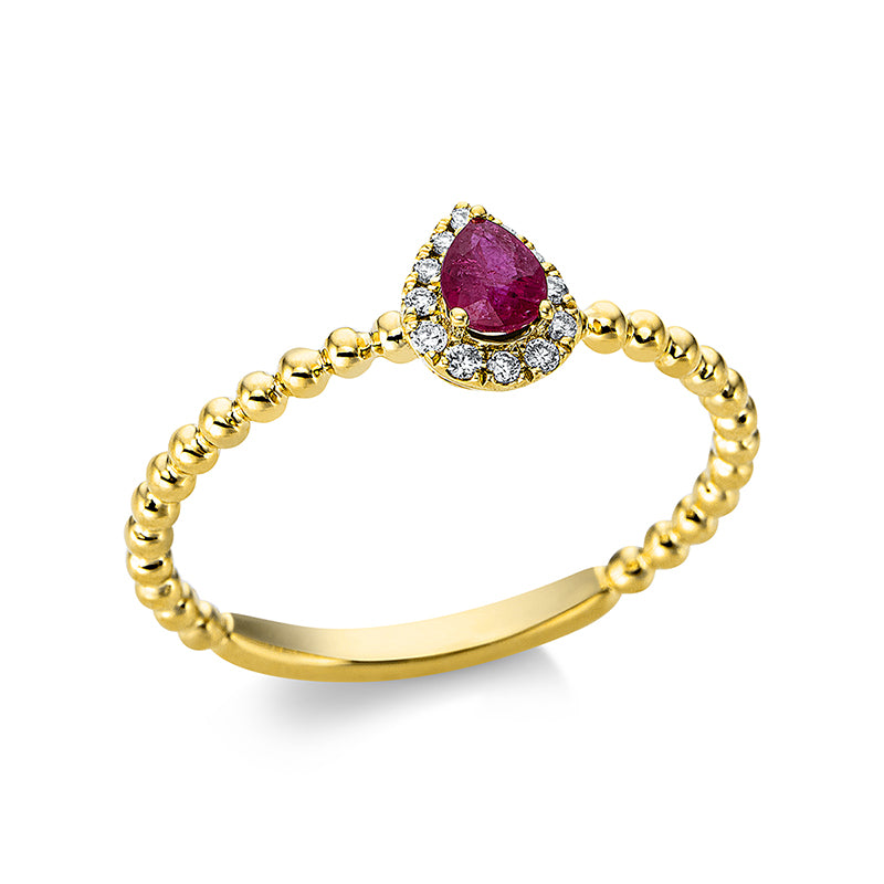 Ring 18 kt GG, 12 Brill. 0,06 ct, TW-si, 1 Rubin 0,19 ct rot