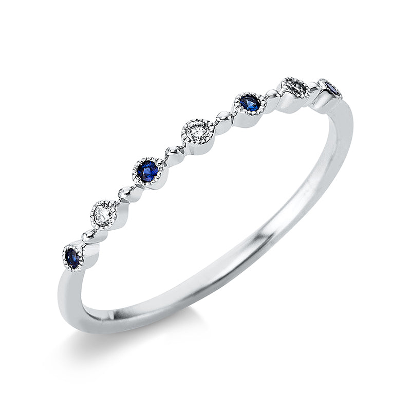 Ring 18 kt WG, 3 Brill. 0,03 ct, TW-pi, 4 Saphire 0,04 ct blau