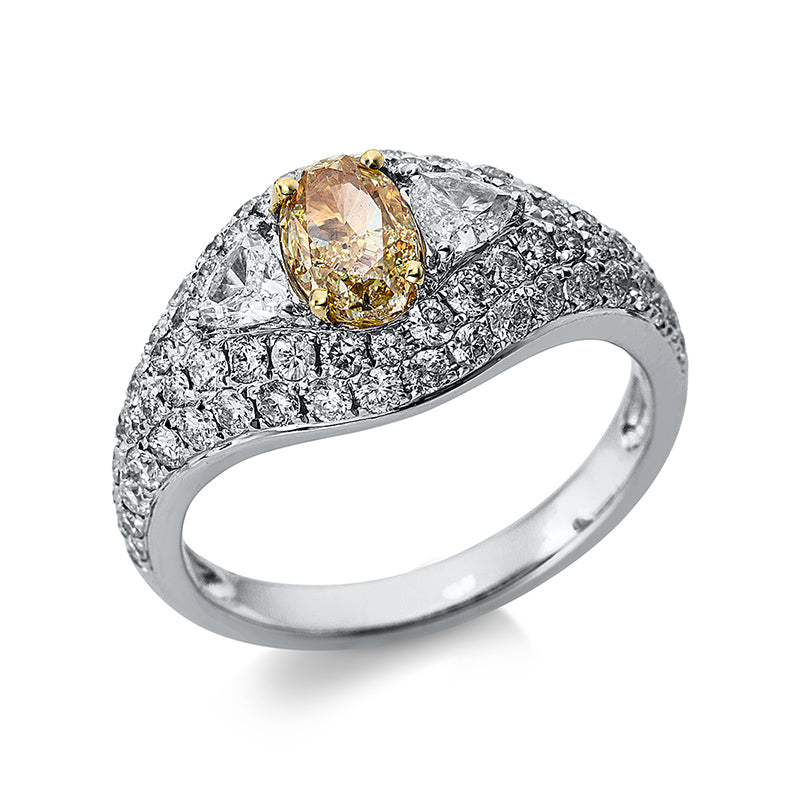 Ring 4er-Krappe 18 kt WG+GG. GIA2406063601. 2 Tri.Sond. 0.30 ct. TW-si. 1 Oval 1.01 ct. gelb-pi. 68 Brillanten 1.06 ct. TW-si. Weite:54