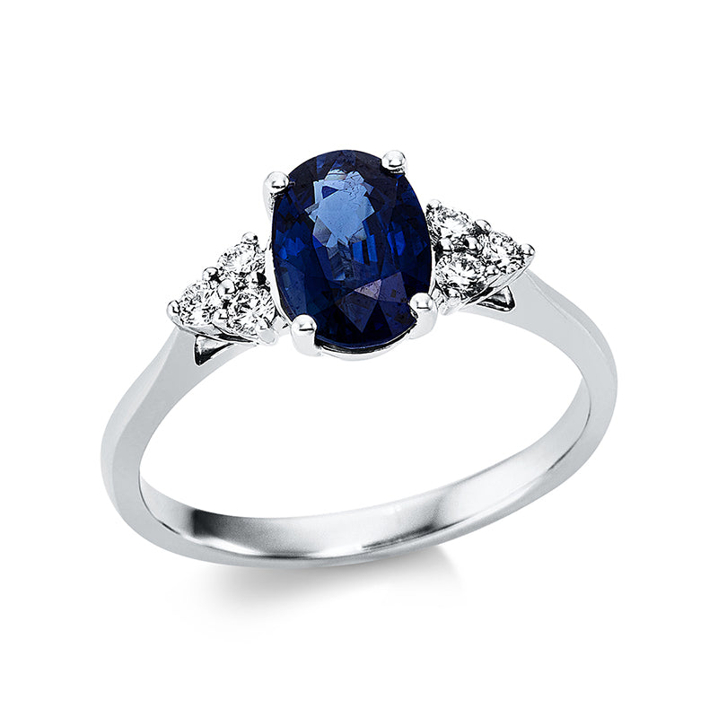 Ring 4er-Krappe 18 kt WG. 6 Brillanten 0.15 ct. TW-vsi. 1 Saphir 1.35 ct blau. Weite:53