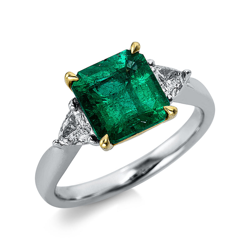 Ring 4er-Krappe 18 kt WG+GG. 2 Tri.Sond. 0.52 ct. TW-si. 1 Smaragd 2.26 ct grün. Weite:54