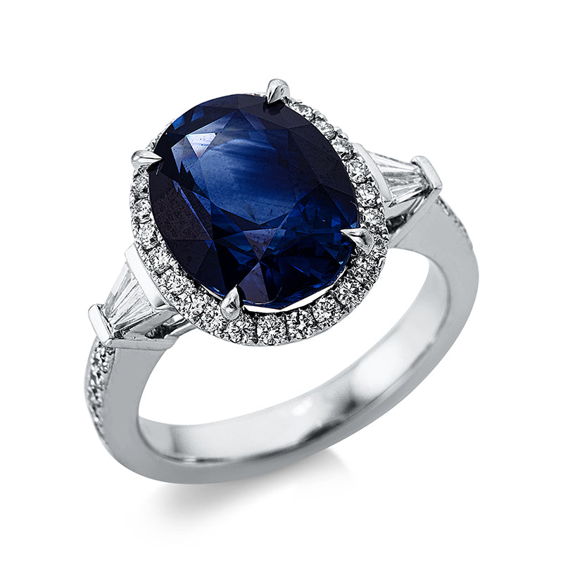 Ring 18 kt WG, GRS2019086662, 4 Brill. 0,18 ct, TW-si, 37 Brill. 0,51 ct, TW-si, 1 Saphir 7,82 ct blau