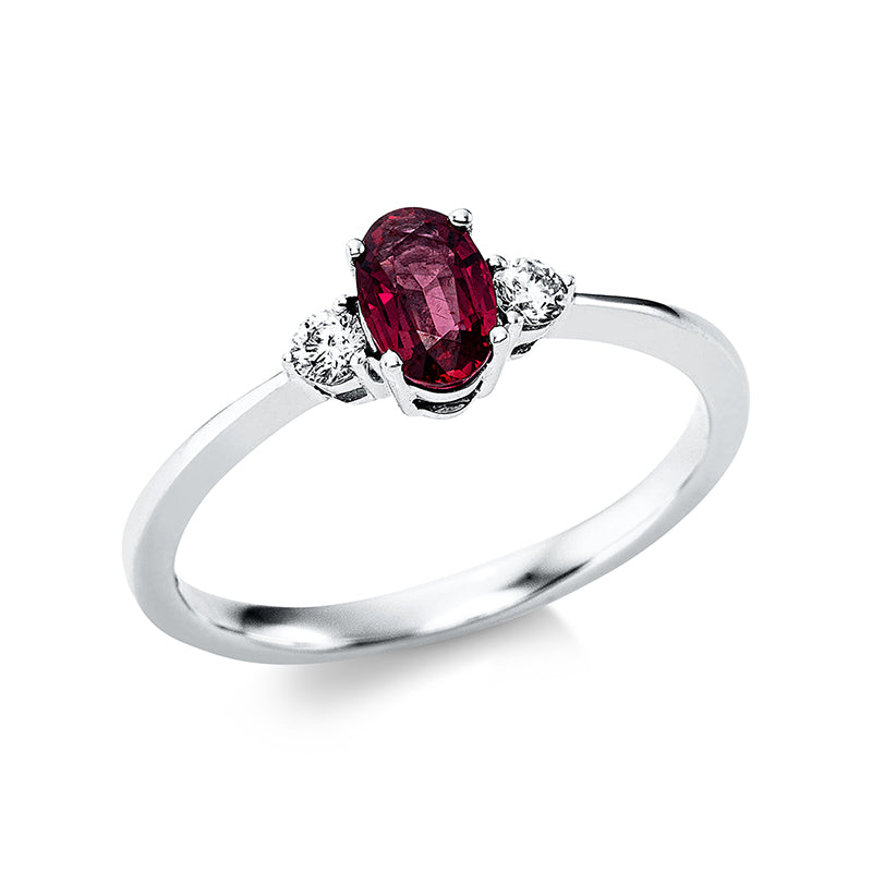 Ring 18 kt WG, 2 Brill. 0,12 ct, TW-vsi, 1 Rubin 0,73 ct rot