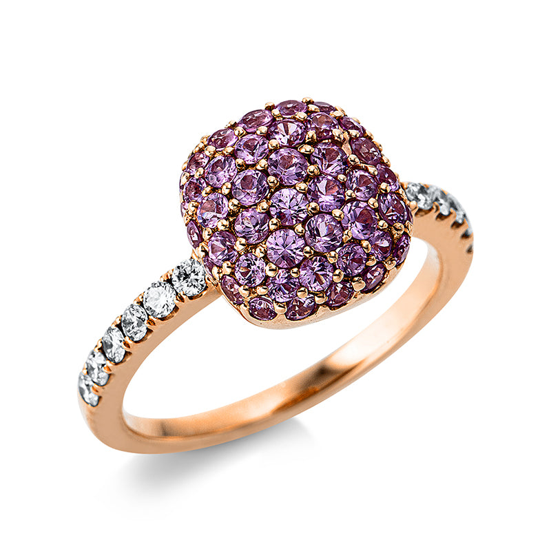 Ring 18 kt RG, 12 Brill. 0,25 ct, TW-vsi/si, 51 Saphire 1,11 ct pink