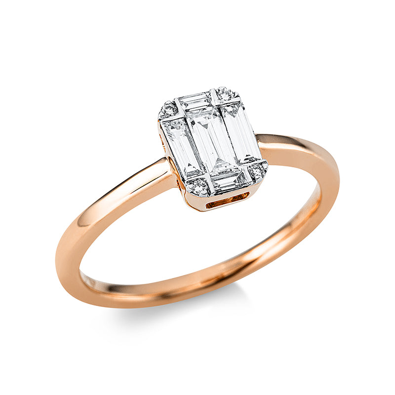 Ring 18 kt RG+WG. 5 Baguette 0.33 ct. TW-si. 4 Brillanten 0.03 ct. TW-si. H:7.6 mm. B:5.9 mm. S:4.0 mm. Weite:54