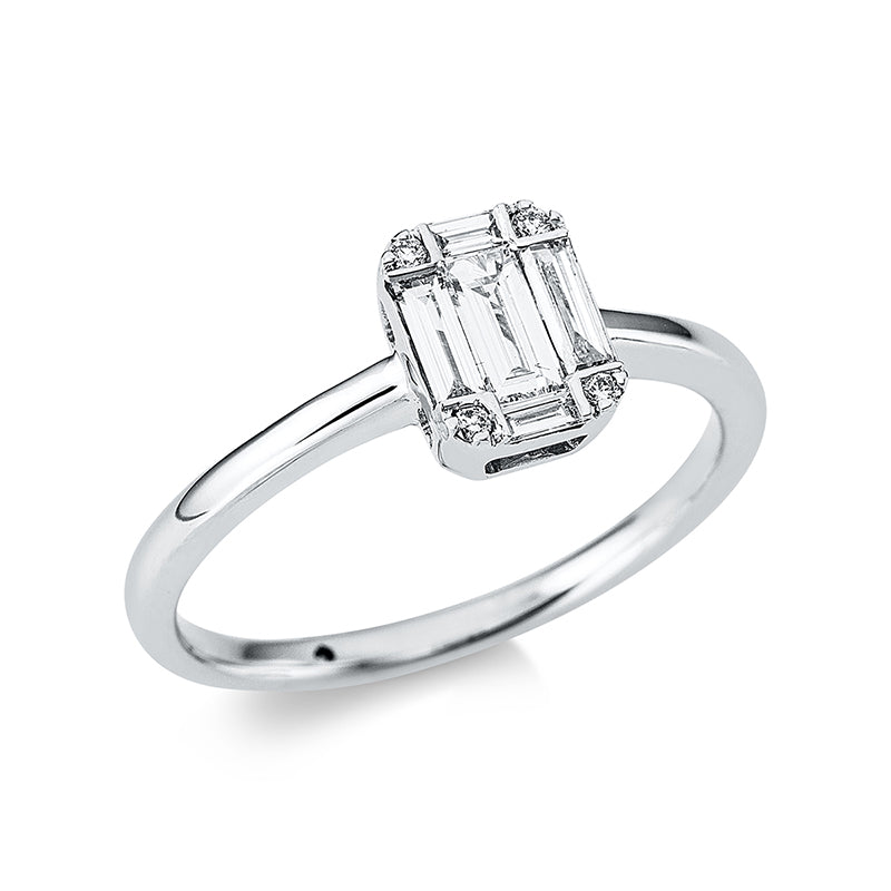 Ring 18 kt WG. 5 Baguette 0.34 ct. TW-si. 4 Brillanten 0.02 ct. TW-si. H:7.5 mm. Weite:54
