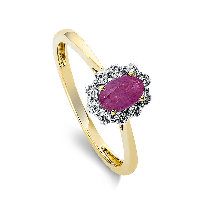 Ring 4er-Krappe 18 kt GG. 10 Brillanten 0.18 ct. TW-si. 1 Rubin 0.61 ct rot. Weite:53