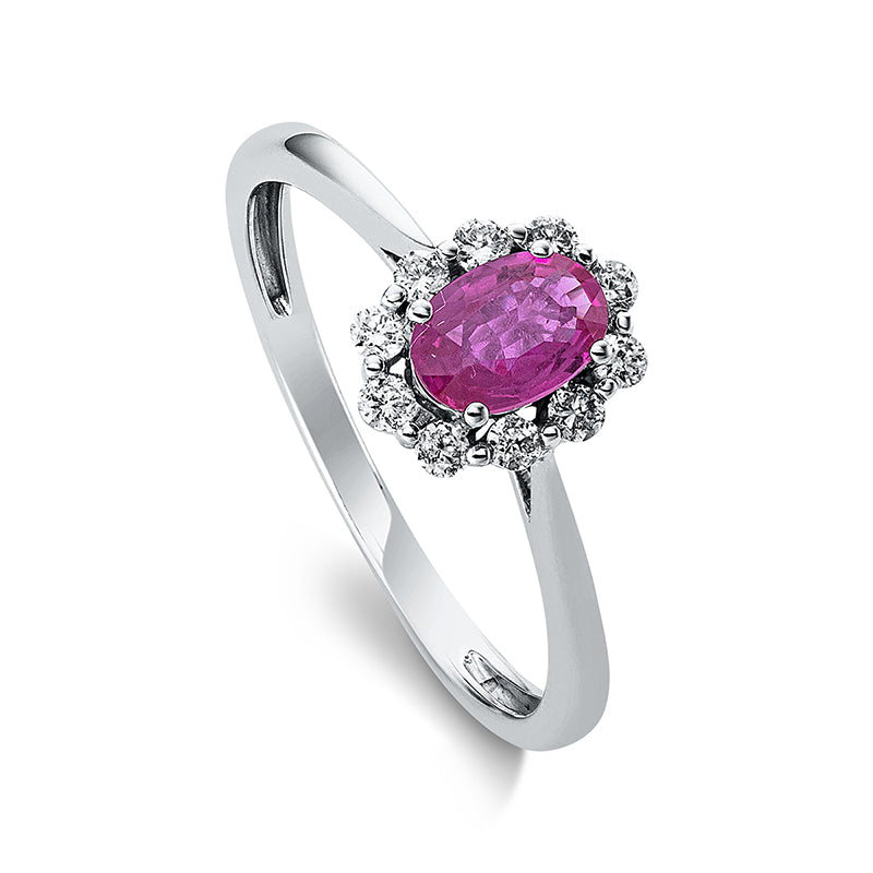 Ring 18 kt WG, 10 Brill. 0,18 ct, TW-si, 1 Rubin 0,46 ct rot