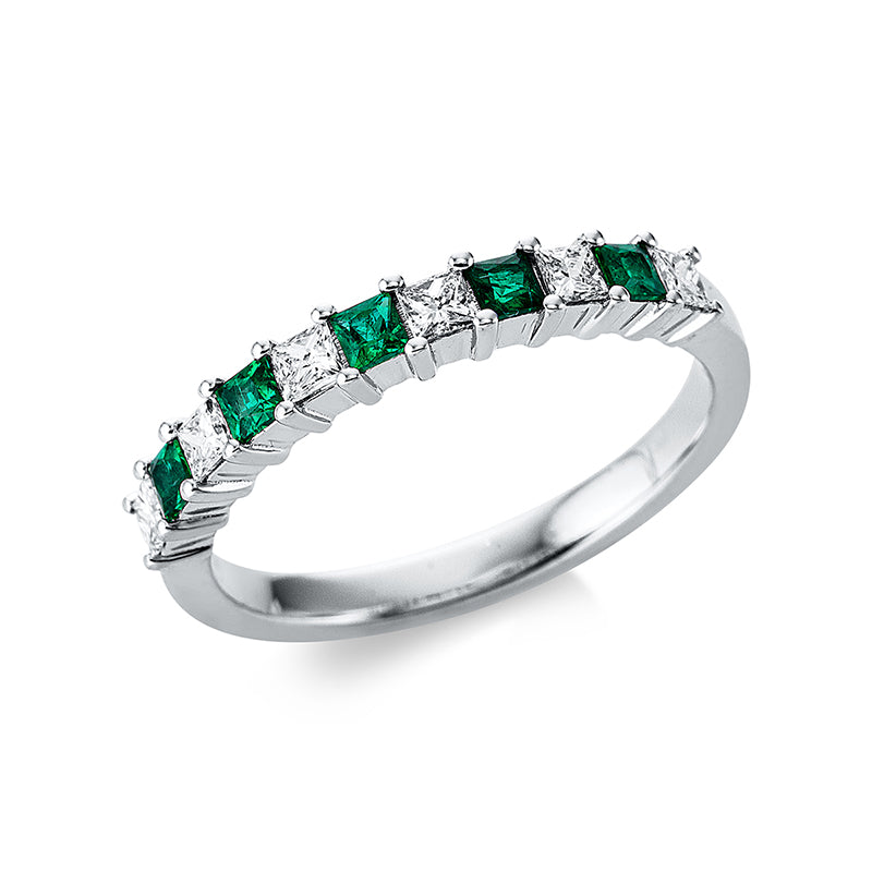 Ring 18 kt WG, 6 Princ. 0,29 ct, W-si, 5 Smaragde 0,23 ct grün