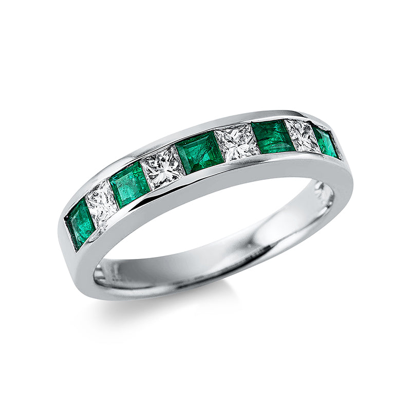 Ring 18 kt WG, 4 Princ. 0,41 ct, TW-vsi/si, 5 Smaragde 0,62 ct grün
