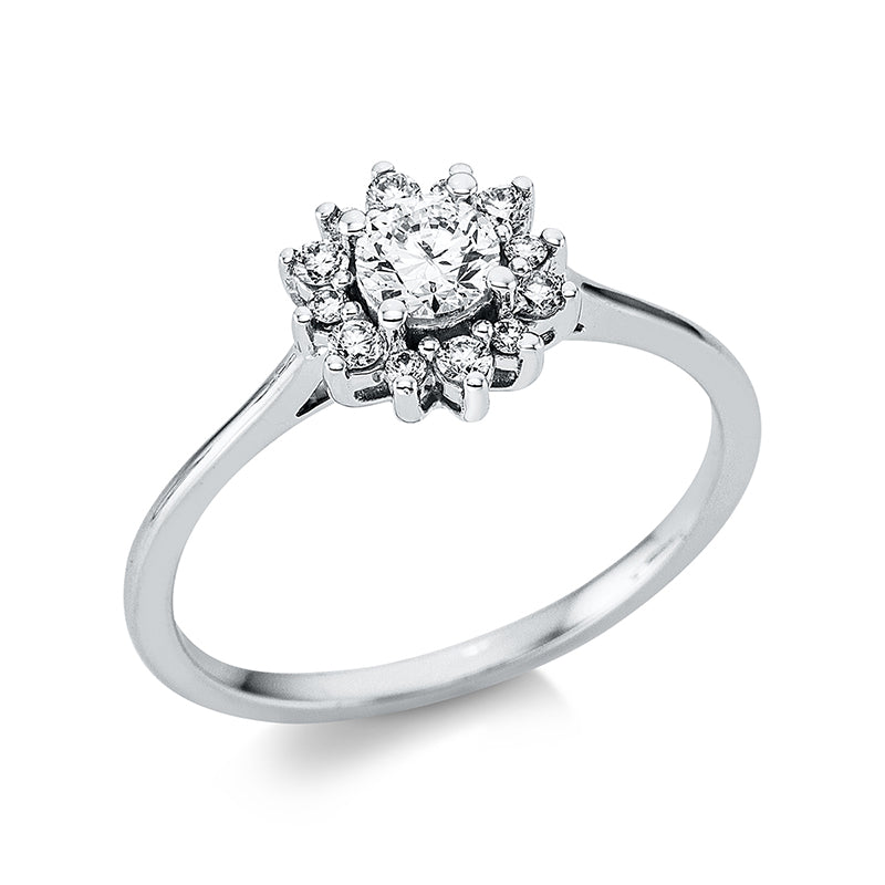 Ring 18 kt WG, 6 Brill. 0,11 ct, TW-si, 1 Brill. 0,30 ct, TW-si, 6 Brill. 0,04 ct, TW-si