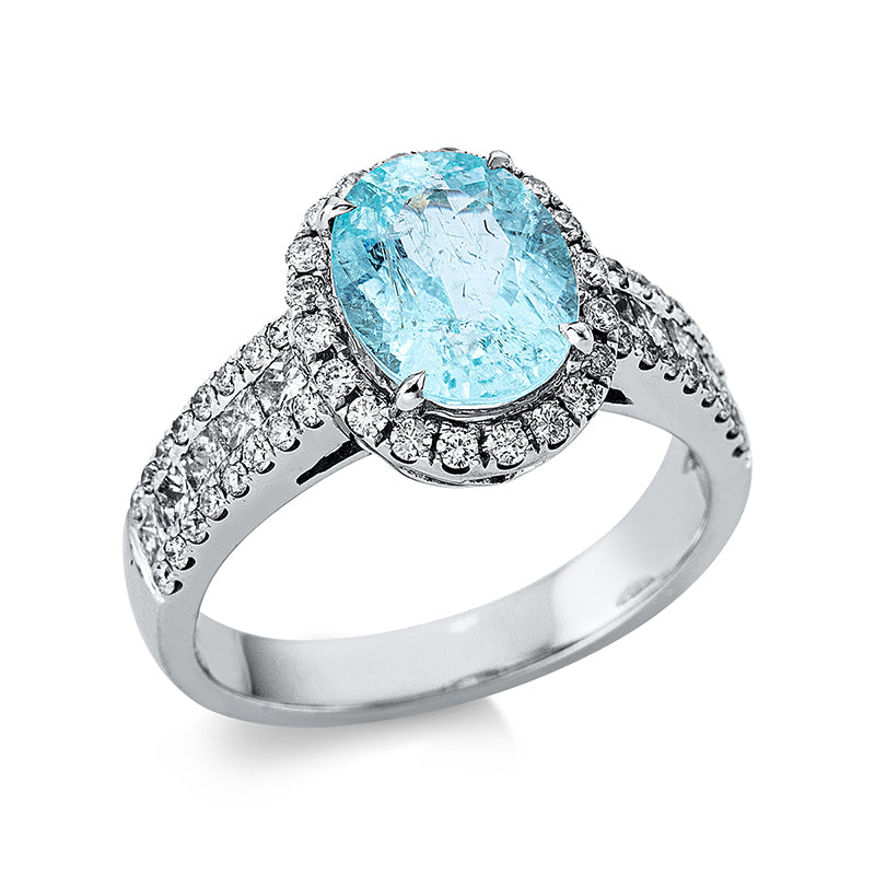 Ring 4er-Krappe 18 kt WG. 10 Princ. 0.53 ct. TW-si. 52 Brillanten 0.39 ct. TW-si. 1 Paraiba 2.20 ct paraiba. Weite:54