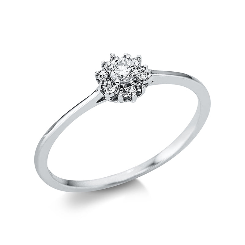 Ring 18 kt WG, 6 Brill. 0,03 ct, TW-si, 1 rund 0,09 ct, TW-si, 6 Brill. 0,02 ct, TW-si