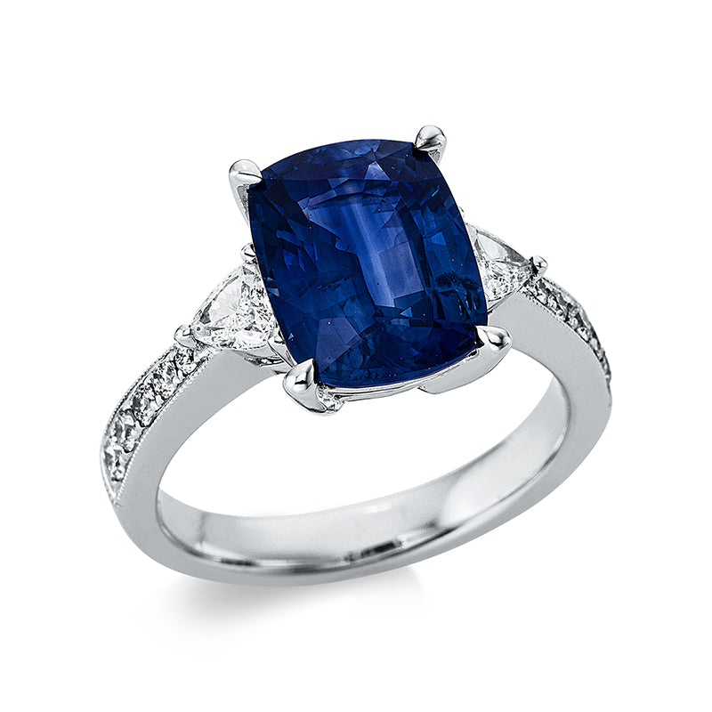 Ring 4er-Krappe 18 kt WG. 2 Triangel 0.30 ct. TW-si. 10 Brillanten 0.24 ct. TW-si. 1 Saphir 4.85 ct blau. Weite:55