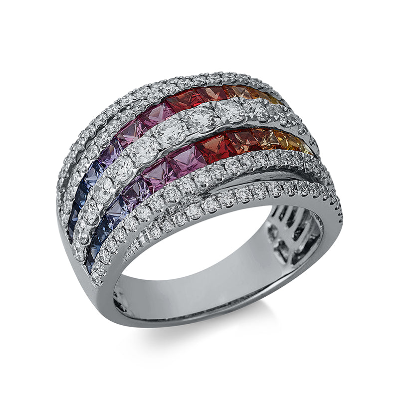 Ring 18 kt WG, 97 Brill. 1,14 ct, TW-si, 30 Saphire 1,94 ct fancy