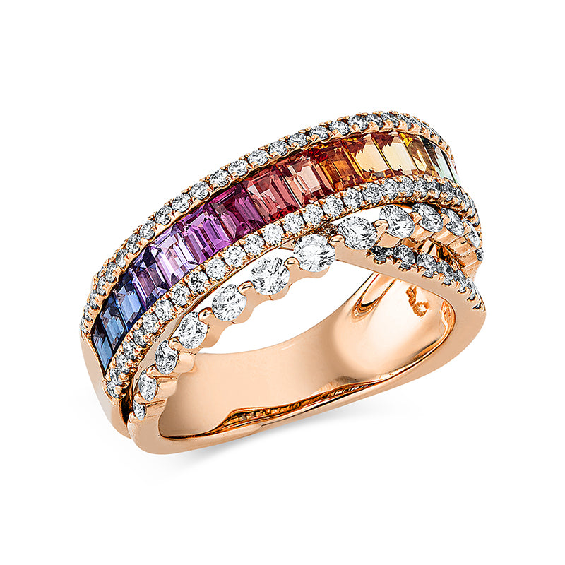 Ring 18 kt RG, 88 Brill. 0,91 ct, TW-si, 16 Saphire 1,57 ct fancy