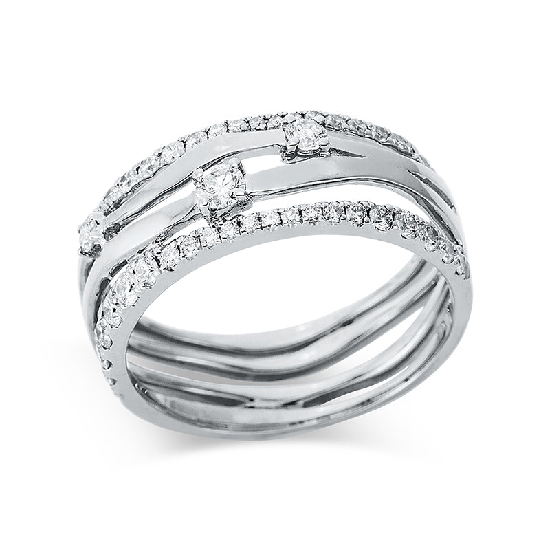 Ring 18 kt WG. 5 Brillanten 0.20 ct. TW-si. 46 Brillanten 0.40 ct. TW-si. B:7.3 mm. Weite:54