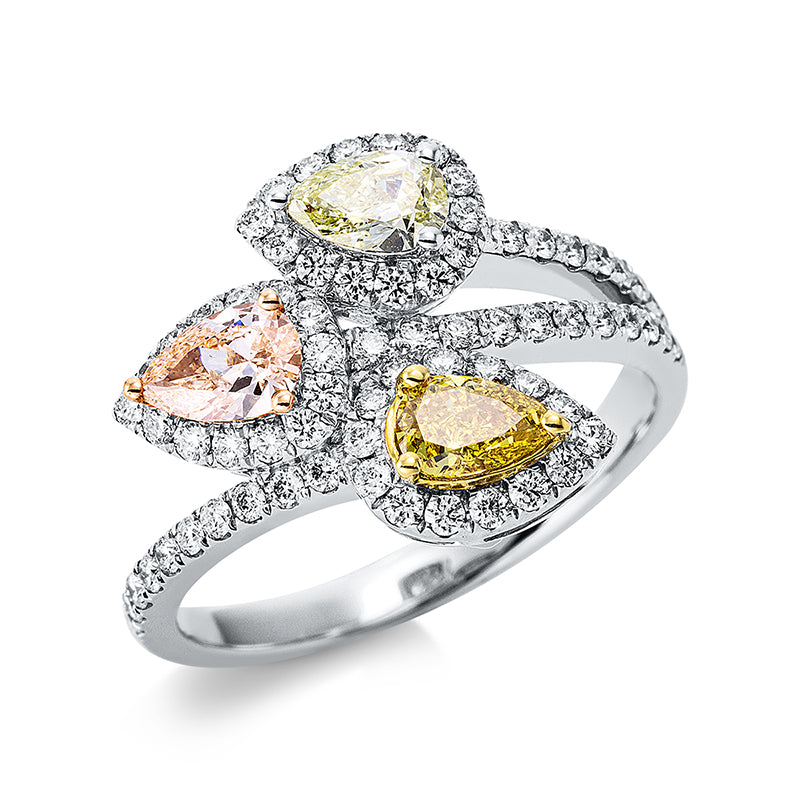 Ring 18 kt WG+GG+RG, 70 Brill. 0,50 ct, D-si, 3 Tropfen 0,73 ct, fancy