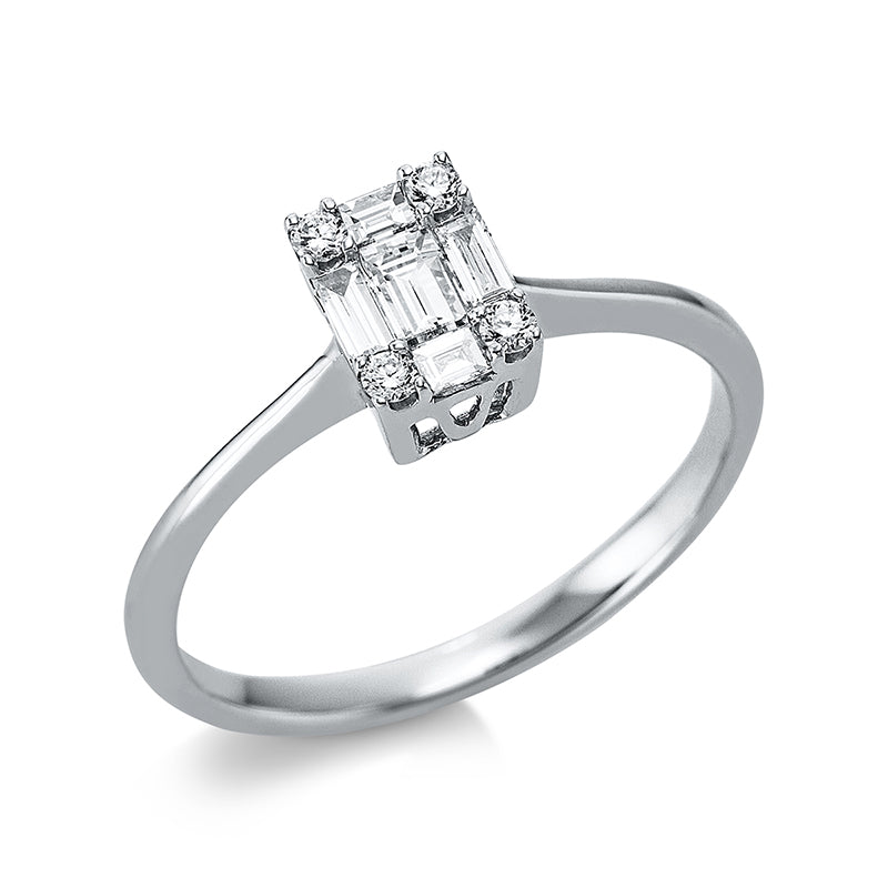 Ring 18 kt WG, 3 Bag. 0,21 ct, TW-vsi, 2 Bag. 0,06 ct, TW-vsi, 4 Brill. 0,07 ct, TW-vsi