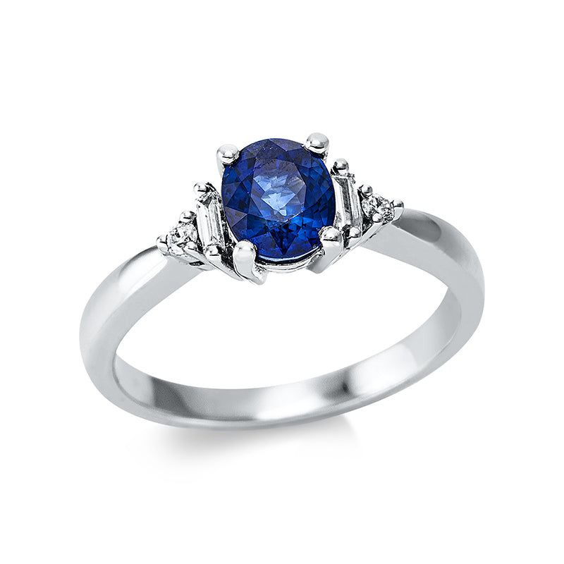 Ring 14 kt WG, 2 Bag. 0,10 ct, TW-si, 2 Brill. 0,04 ct, TW-si, 1 Saphir 0,90 ct blau