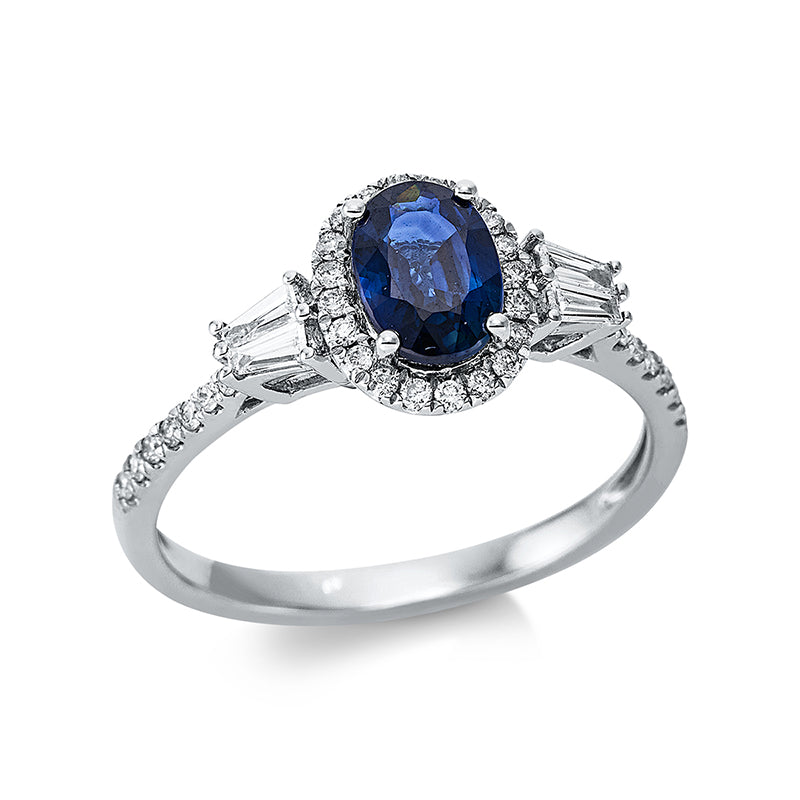 Ring 14 kt WG, 4 Bag. 0,12 ct, TW-si, 36 Brill. 0,19 ct, TW-si, 1 Saphir 0,90 ct blau