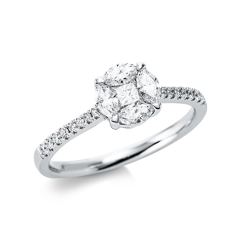 Ring 18 kt WG, 6 Brill. 0,07 ct, TW-vsi, 1 Princ. 0,15 ct, TW-vsi, 4 Nav. 0,39 ct, TW-vsi, 10 Brill. 0,07 ct, TW-vsi