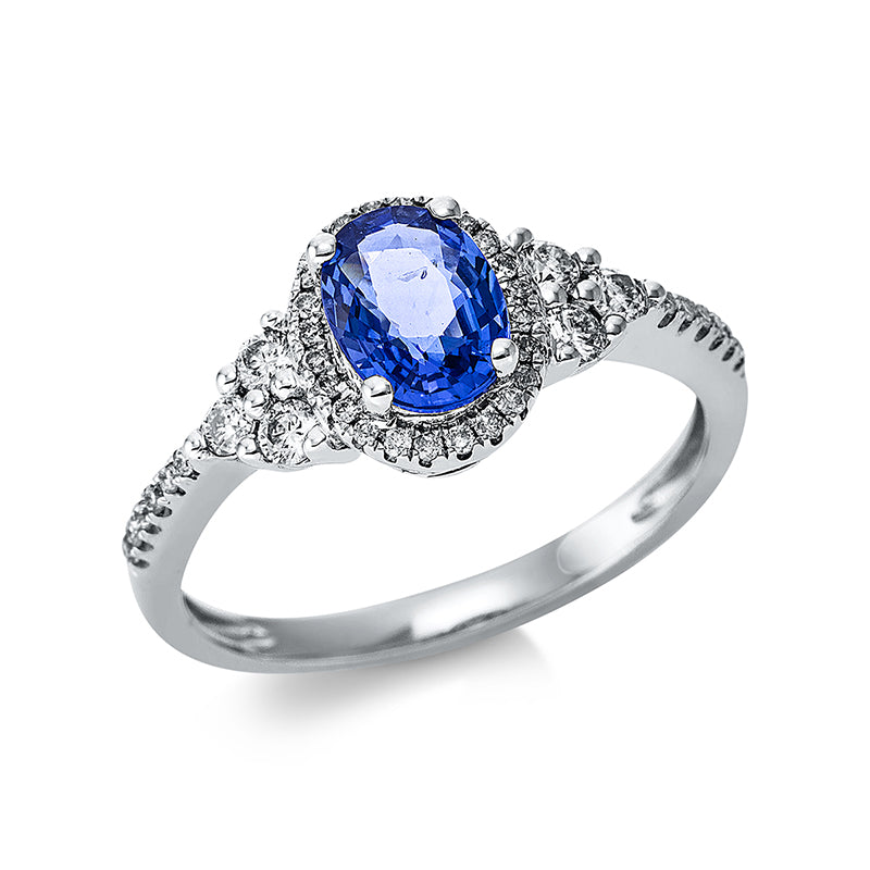 Ring 4er-Krappe 14 kt WG. 42 Brillanten 0.33 ct. TW-si. 1 Saphir 1.10 ct blau. H:14.5 mm. B:9.0 mm. Weite:54